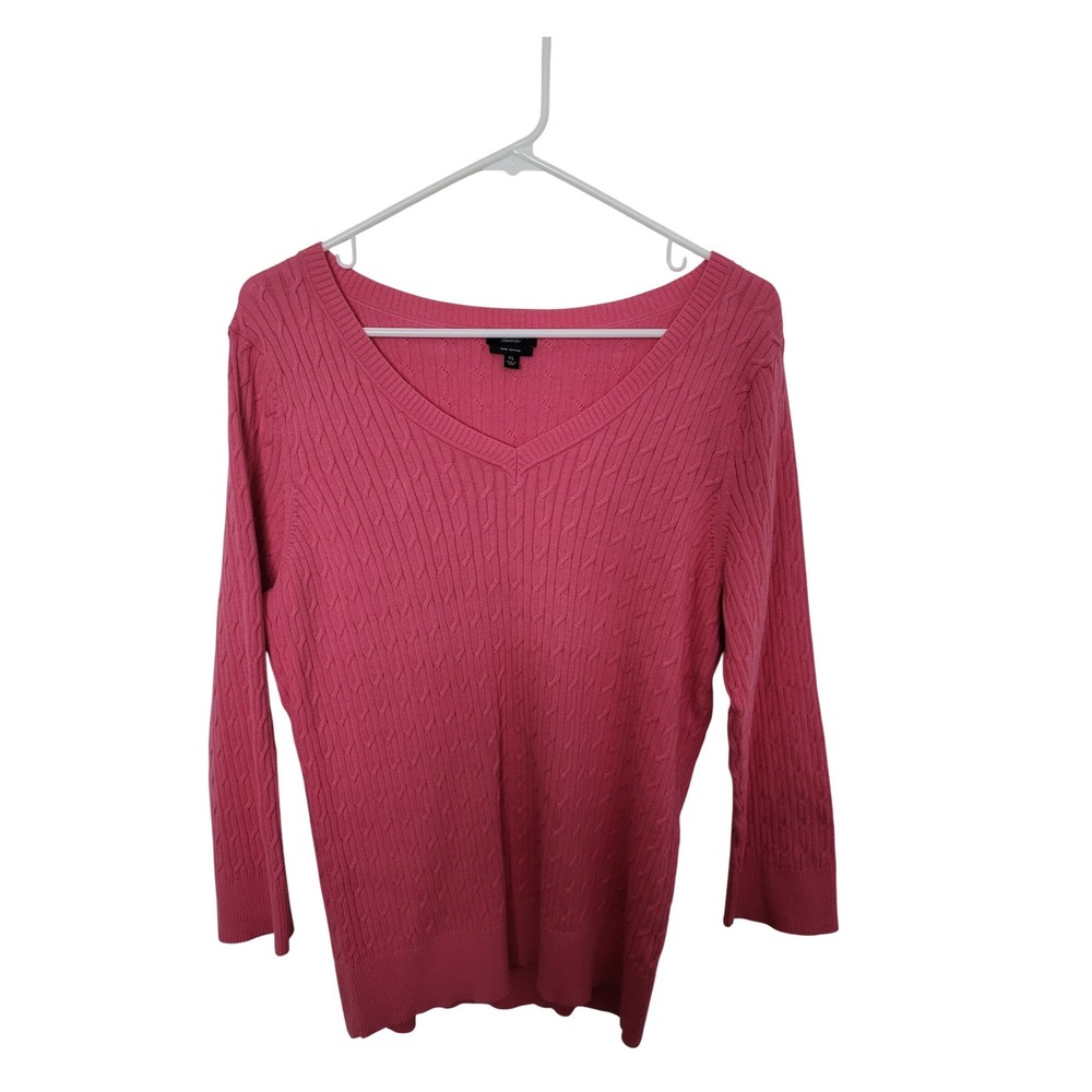 Talbots Cable Knit Sweater Womens XL Pink Pima Cotton 3/4 Sleeve V-Neck Pullover